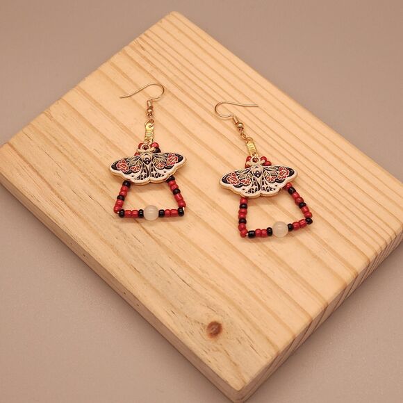 Red and Black Earrings with Moth Charm and Selenite - Picture 1 of 3
